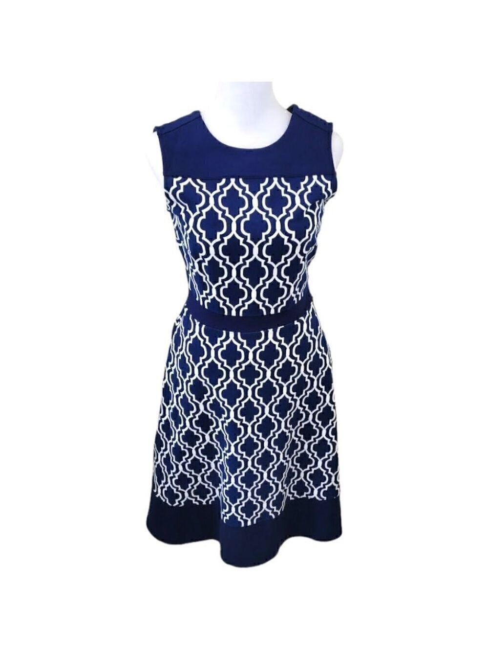 Land's End Fit & Flare Dress Sleeveless Geometric Print Stretch Navy Size 2